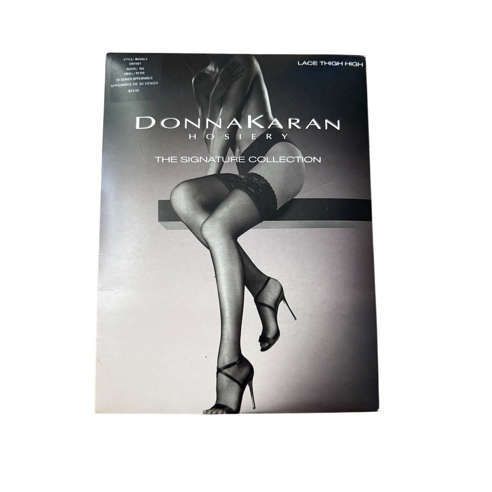 Donna Karan Thigh High Stockings Womens S Petite Nude Sheer Lace Top 1